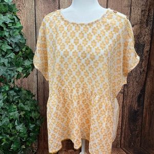 Anthro Pilcro Dual Gold Design Short Sleeve Baby Doll Top Wood Buttons Sz XL